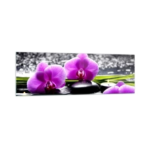 Obraz na szkle - Fioletowe orchidee na tle kamieni i świeczek w relaksacyjnej scenerii - 160x50cm - Utonąć w ciszy i spokoju - Nowoczesna dekoracja ścienna do salonu i sypialni ARTTOR