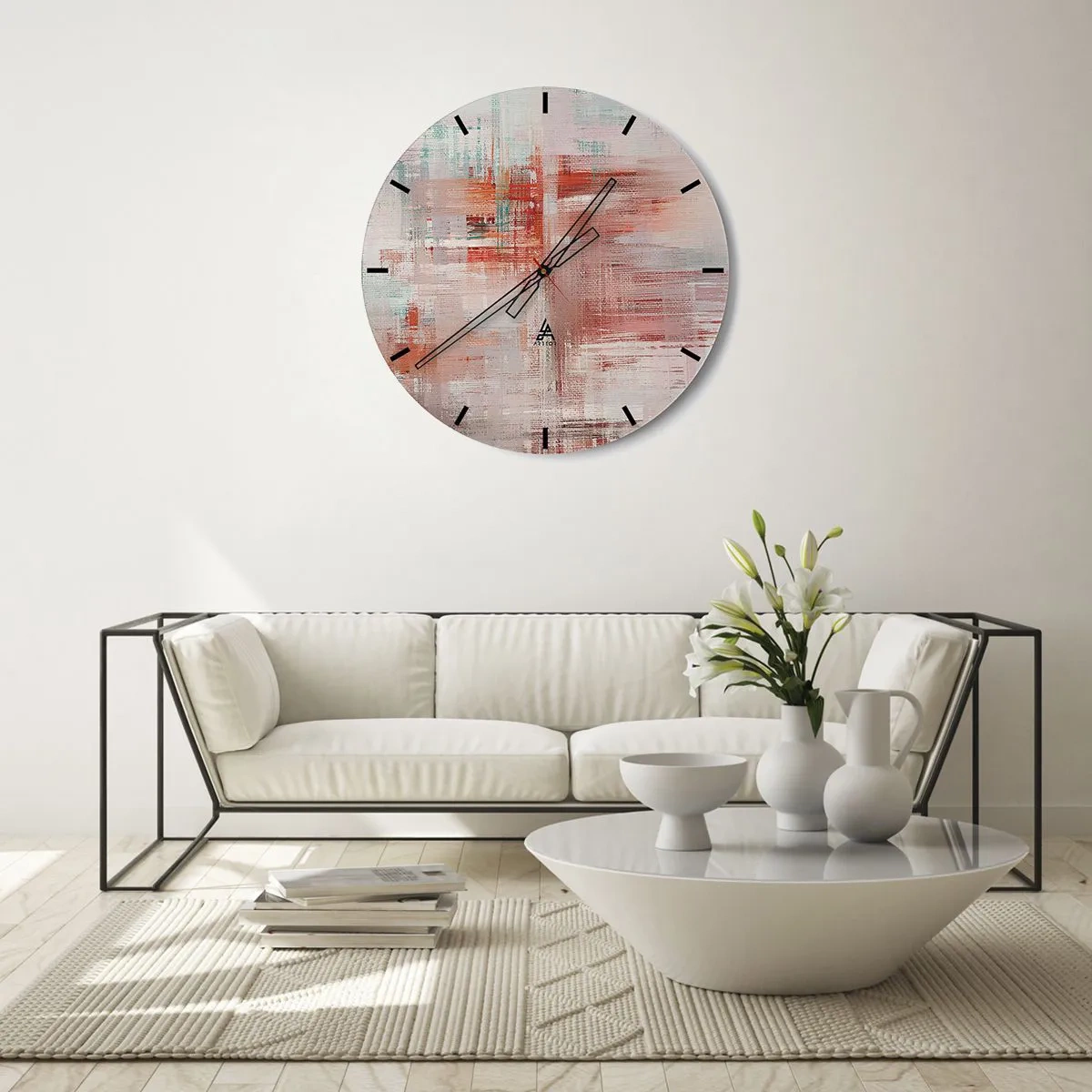 Zegar ścienny - Abstrakcyjna kompozycja pociągnięć w odcieniach różu i bieli - 30x30cm - Zamglone. Ale różowe - Nowoczesna dekoracja ścienna do salonu, kuchni i sypialni ARTTOR