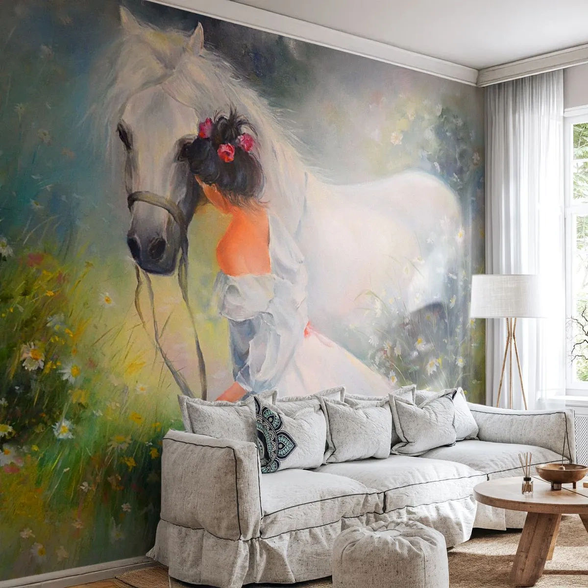 Fototapeta Premium Sand - Romantyczna scena kobiety z białym koniem na łące - 100x70cm - Jak z pięknego snu - Nowoczesna dekoracja ścienna do salonu, kuchni i sypialni ARTTOR
