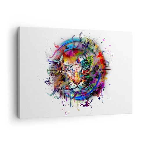 Obraz na płótnie - Kolorowy portret lwa w abstrakcyjnym stylu - 70x50cm - Czai się za tęczową zasłoną - Nowoczesna dekoracja ścienna do salonu i sypialni ARTTOR