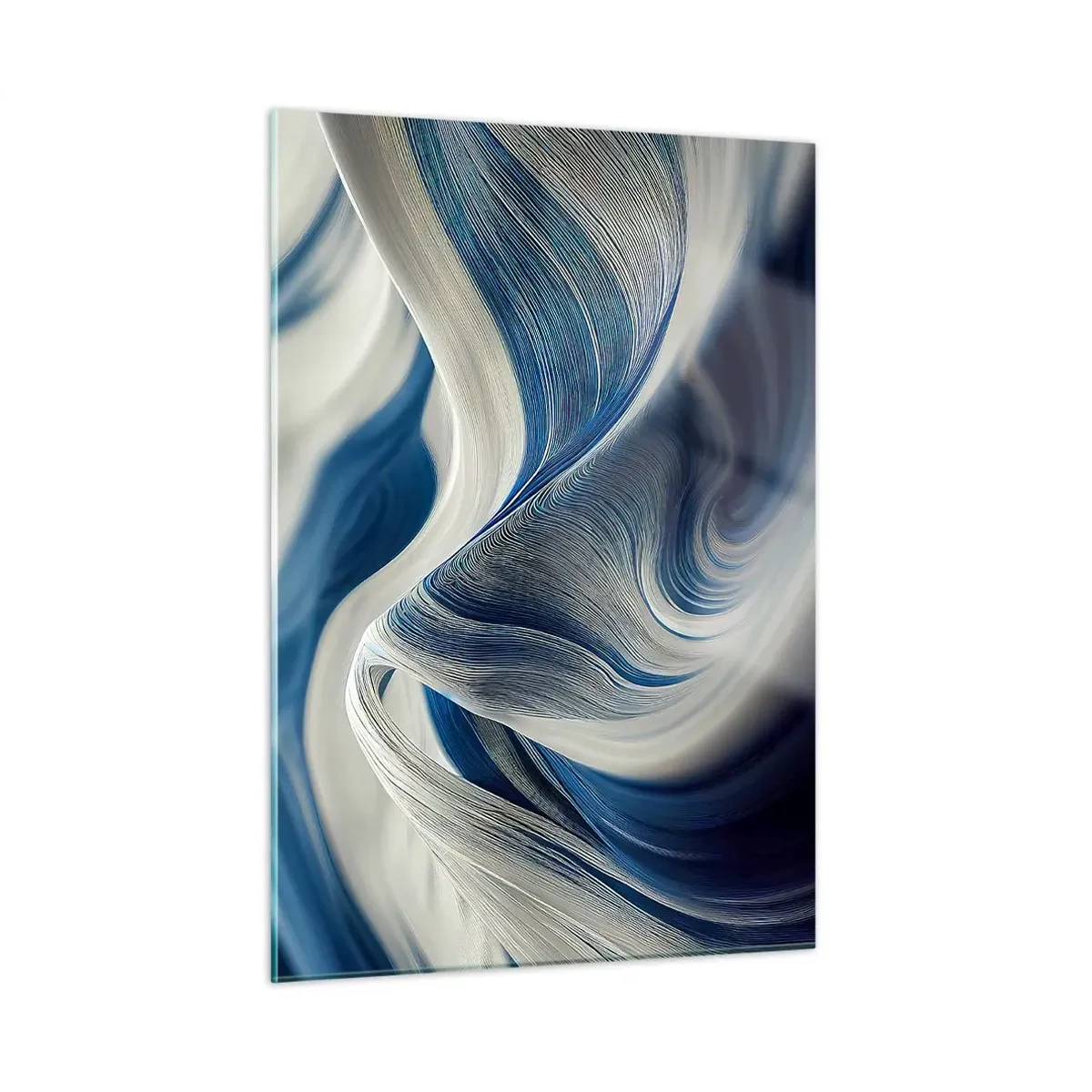 Obraz na szkle - Dynamiczna abstrakcja w odcieniach błękitu i bieli - 50x70cm - Płynność błękitu i bieli - Nowoczesna dekoracja ścienna do salonu, kuchni i sypialni ARTTOR
