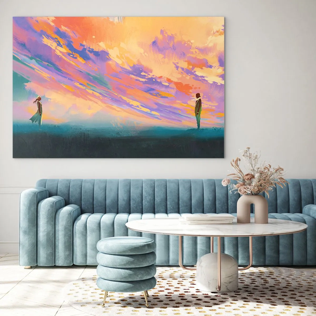 Obraz na szkle - Dwoje ludzi na tle kolorowego, zachodzącego nieba - 100x70cm - Siła przyciągania - Nowoczesna dekoracja ścienna do salonu, kuchni i sypialni ARTTOR