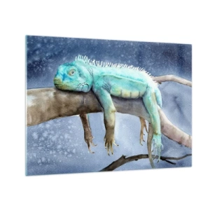 Obraz na szkle - Niebieska iguana leżąca na gałęzi w akwarelowym stylu - 70x50cm - Jest dobrze! - Nowoczesna dekoracja ścienna do salonu i sypialni ARTTOR