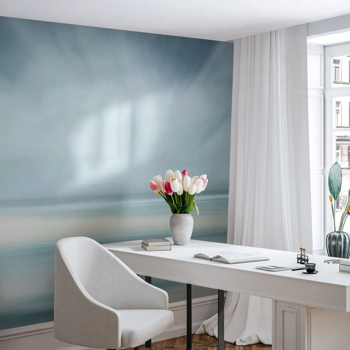 Fototapeta Premium Sand - Minimalistyczny krajobraz w pastelowych odcieniach nieba i morza - 100x70cm - Spokój aż po horyzont - Nowoczesna dekoracja ścienna do salonu, kuchni i sypialni ARTTOR