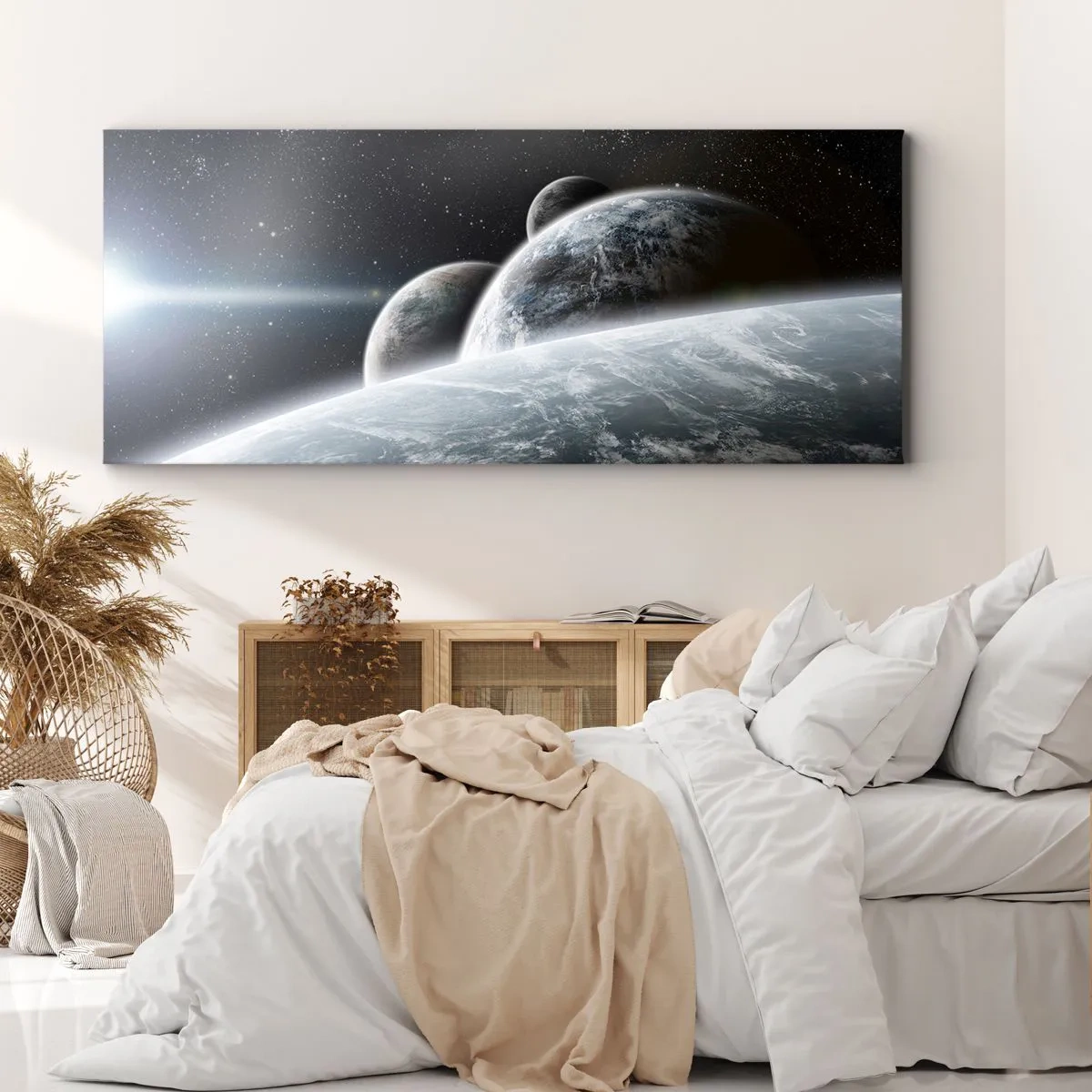 Obraz na płótnie - Planety w kosmosie na tle gwiazd i galaktyk - 120x50cm - Kosmiczna muzyka sfer - Nowoczesna dekoracja ścienna do salonu i sypialni ARTTOR