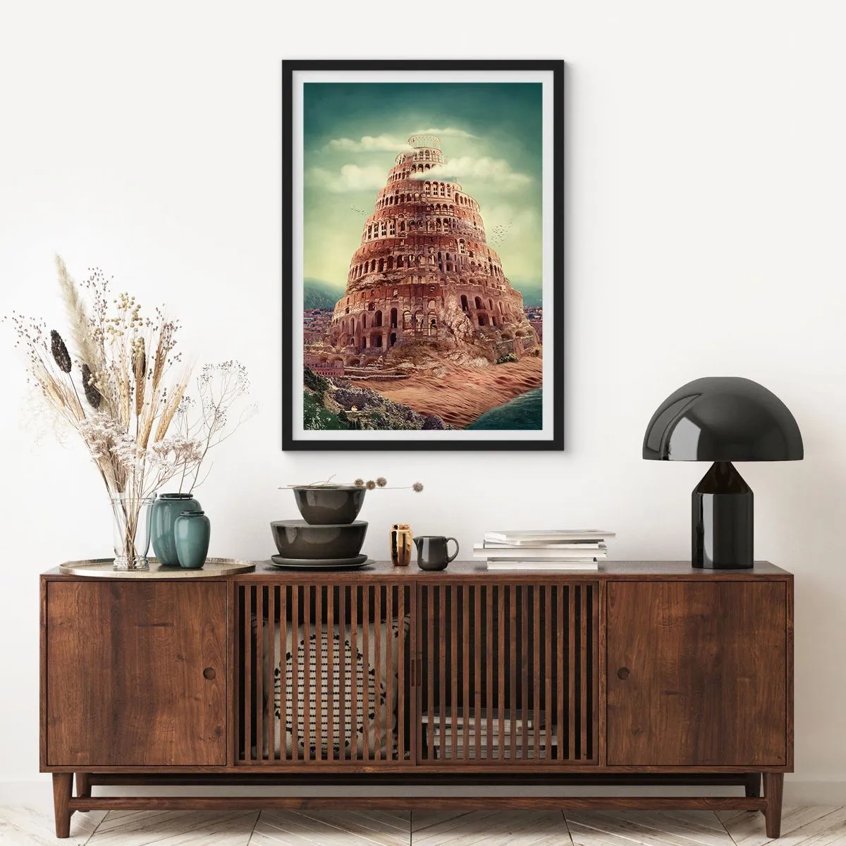 Plakat w czarnej ramie - Mityczna wieża Babel w malowniczym pejzażu - 50x70cm - Wieża Babel - Nowoczesna dekoracja ścienna do salonu i sypialni ARTTOR
