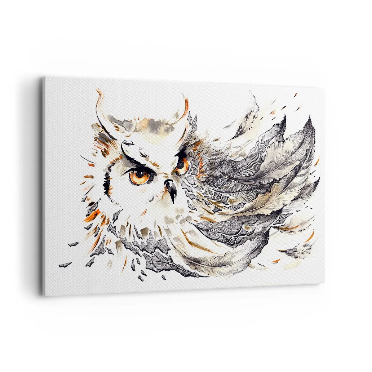 Obraz na płótnie - Sowa z mistycznymi piórami w artystycznej formie akwareli - 100x70cm - Przybyła ze świata magii - Nowoczesna dekoracja ścienna do salonu, kuchni i sypialni ARTTOR