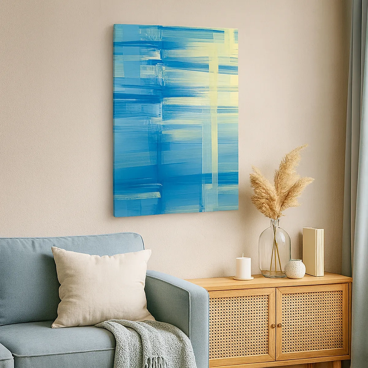 Obraz na płótnie - Abstrakcyjna kompozycja w odcieniach błękitu i turkusu z delikatnymi refleksami światła - 50x70cm - Kompozycja w turkusie - Nowoczesna dekoracja ścienna do salonu, kuchni i sypialni ARTTOR