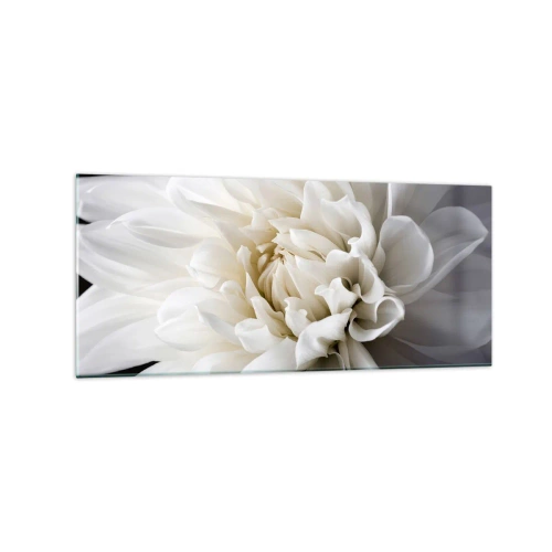 Obraz na szkle - Delikatny biały kwiat na czarnym tle w eleganckiej kompozycji - 120x50cm - Poranek Panny Młodej - Nowoczesna dekoracja ścienna do salonu i sypialni ARTTOR