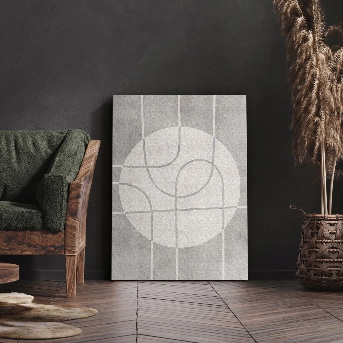 Obraz na płótnie - Minimalistyczna kompozycja geometrycznych linii i okręgu w odcieniach szarości. - 50x70cm - Koliście i na wprost - Nowoczesna dekoracja ścienna do salonu, kuchni i sypialni ARTTOR