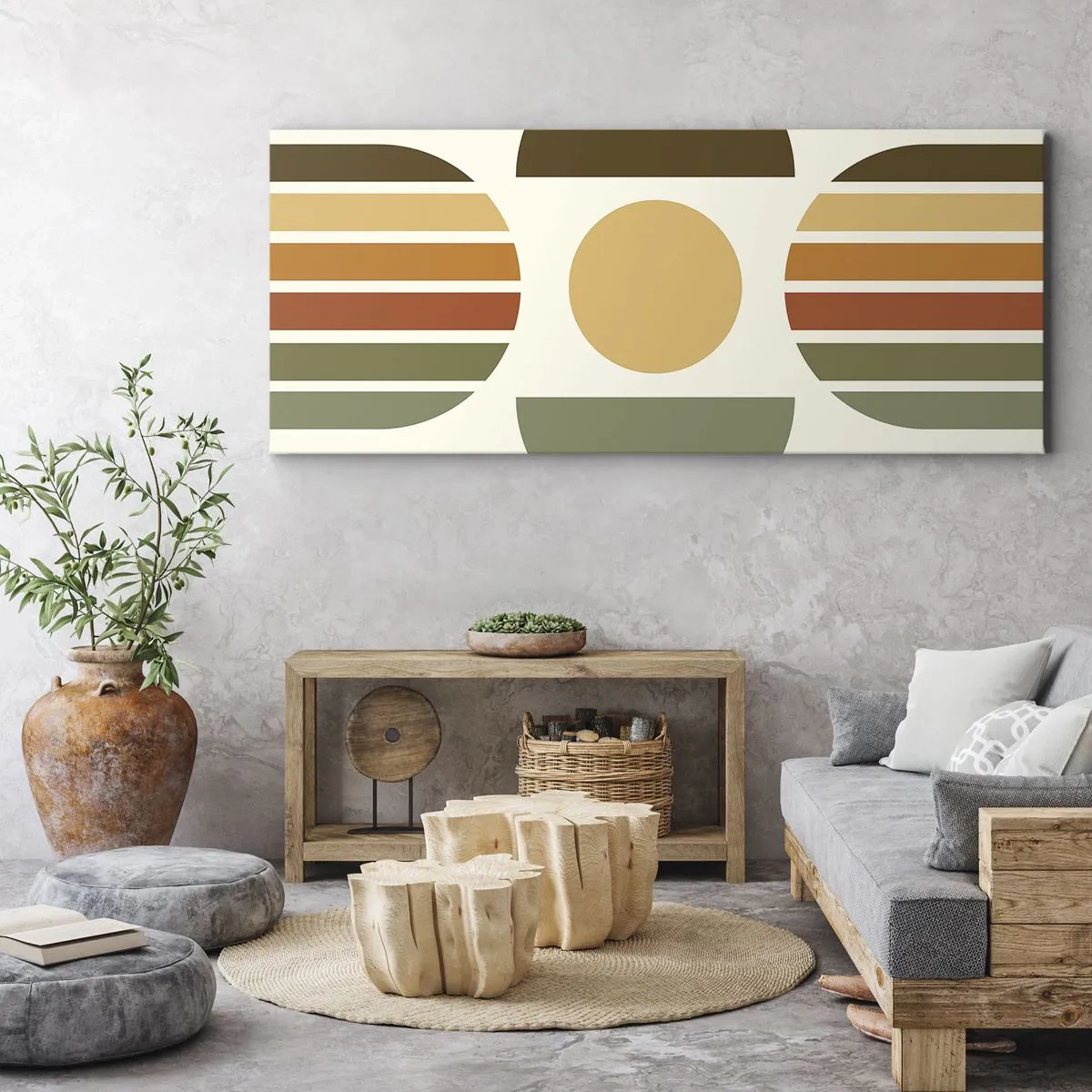 Obraz na płótnie - Geometryczna kompozycja z półokręgami i paskami w odcieniach ziemi - 160x50cm - W kolorach ziemi - Nowoczesna dekoracja ścienna do salonu i sypialni ARTTOR