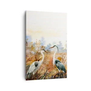 Obraz na płótnie - Dwie czaple na tle jesiennego pejzażu - 80x120cm - Dokąd jesienią? - Nowoczesna dekoracja ścienna do salonu i sypialni ARTTOR