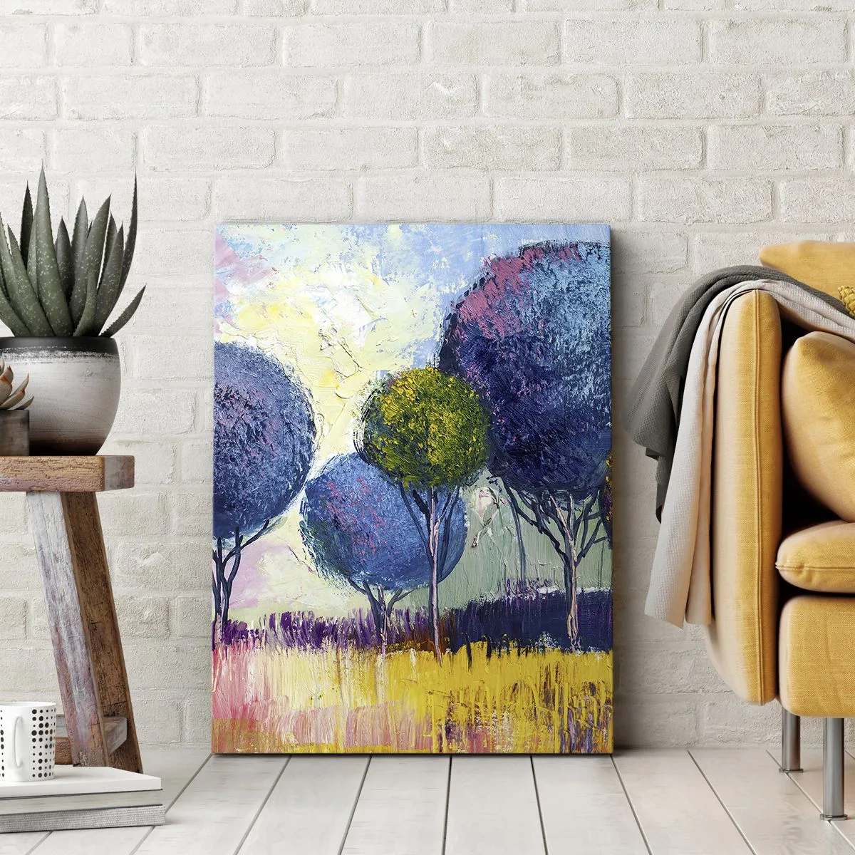 Obraz na płótnie - Kolorowe drzewa w kształcie kul na tle pejzażu - 80x120cm - Kula - kształt ideału - Nowoczesna dekoracja ścienna do salonu i sypialni ARTTOR