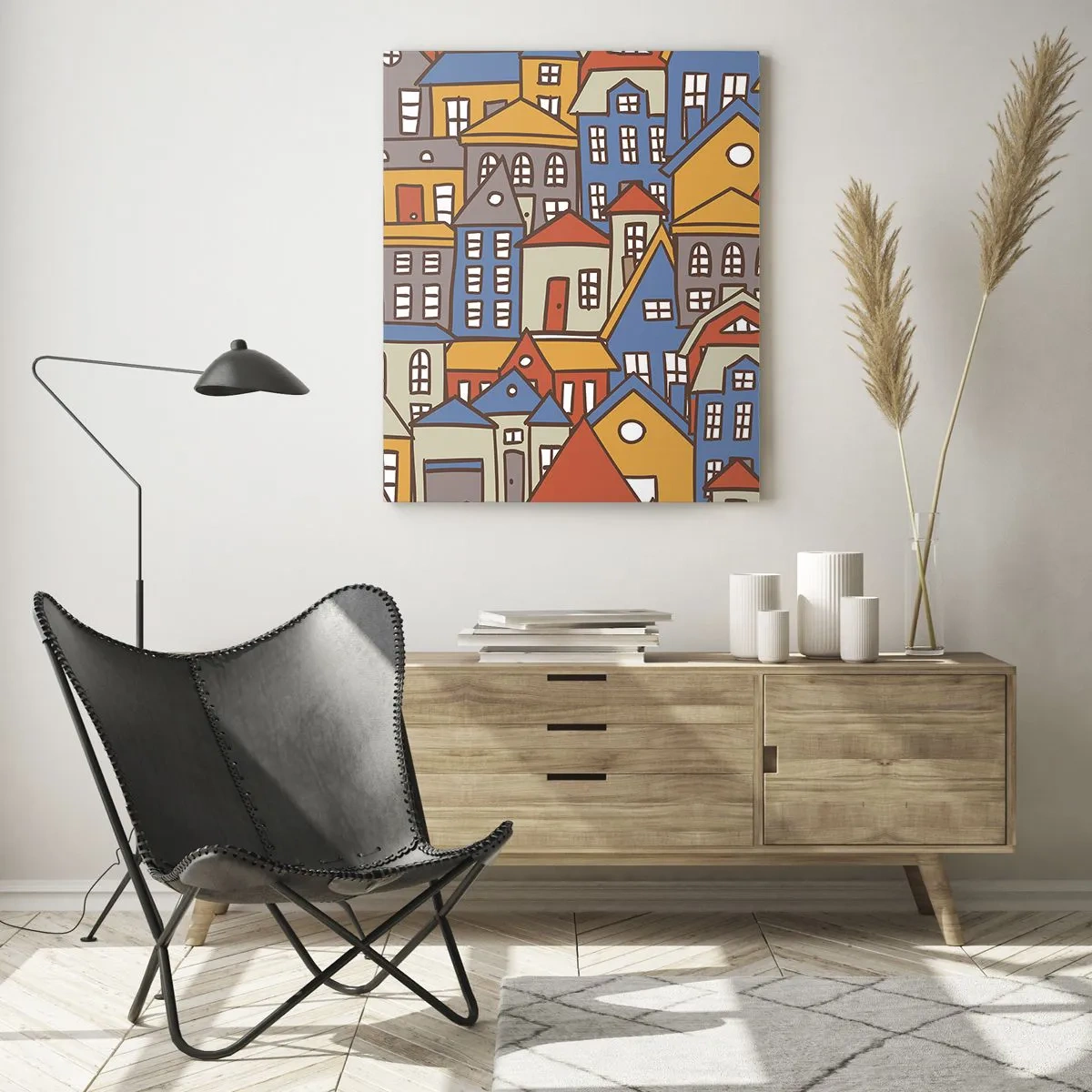 Obraz na szkle - Kolorowe domki w stylu graficznym na jasnym tle - 80x120cm - Za domem dom - Nowoczesna dekoracja ścienna do salonu i sypialni ARTTOR