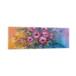 Obraz na szkle - Kolorowe kwiaty w bukiecie na tle w pastelowych odcieniach - 160x50cm - Energia życia - Nowoczesna dekoracja ścienna do salonu i sypialni ARTTOR