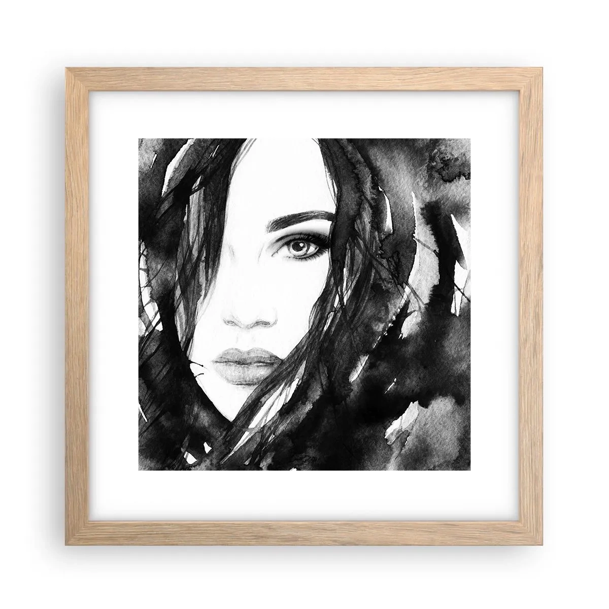 Plakat w ramie jasny dąb - Portret damy w czerni i bieli - 30x30 cm