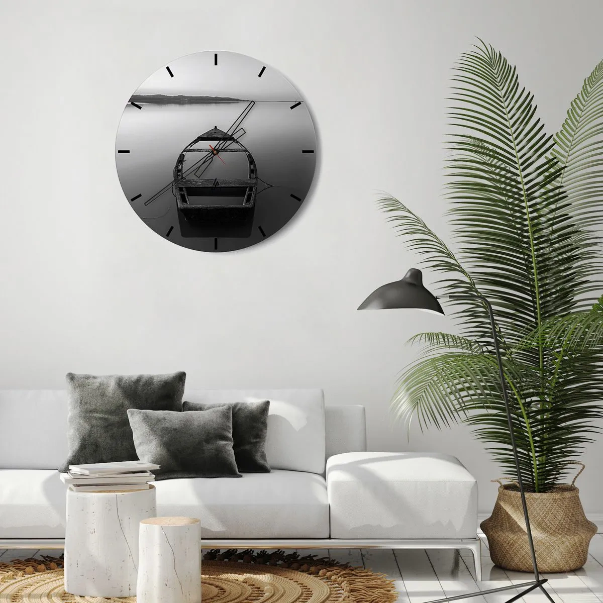 Zegar ścienny - Samotna łódź na spokojnym jeziorze w czarno-białej tonacji - 30x30cm - Tęsknota i melancholia - Nowoczesna dekoracja ścienna do salonu, kuchni i sypialni ARTTOR