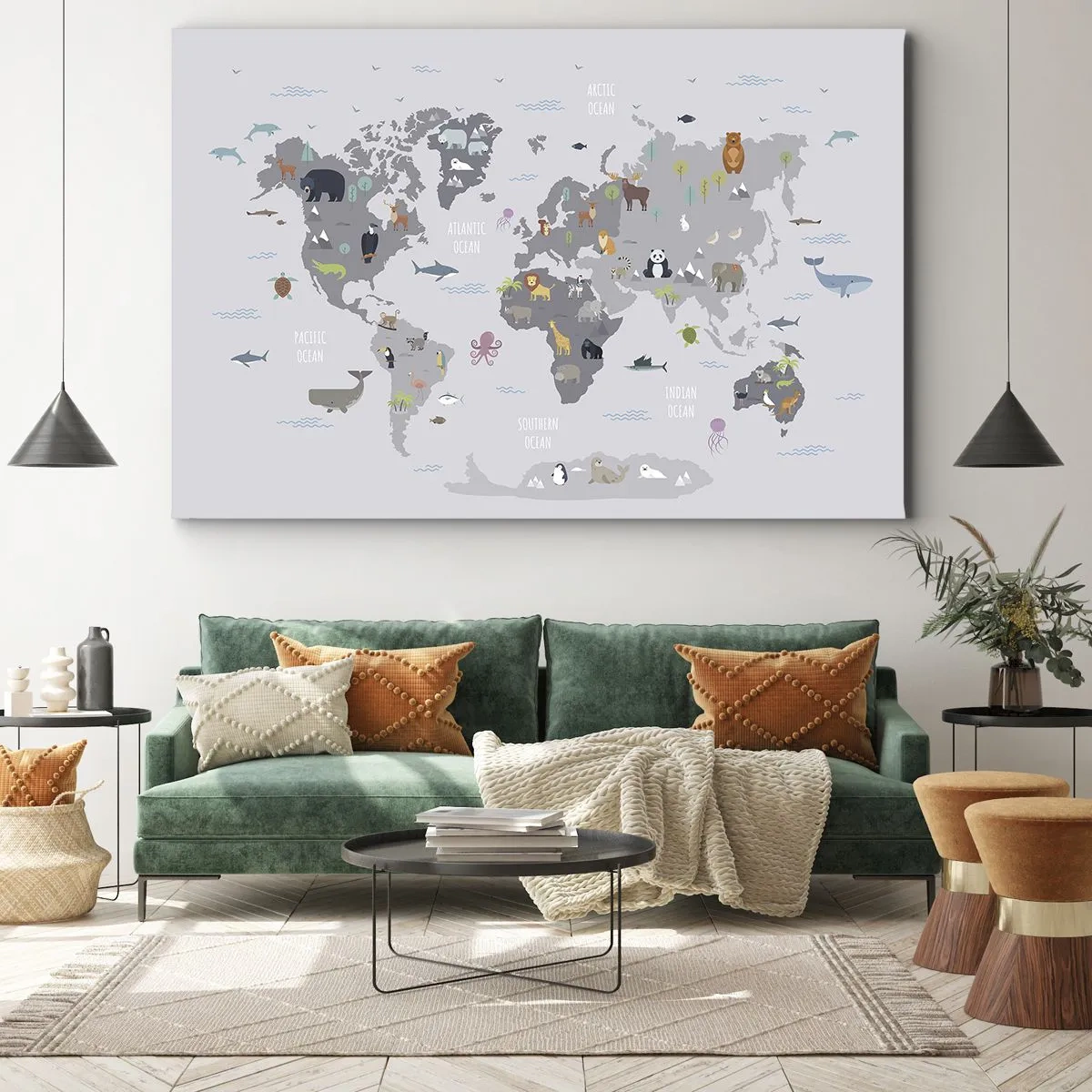 Obraz na płótnie - Mapa świata z ilustracjami zwierząt na szarym tle - 70x50cm - Powiedz mi, skąd jesteś… - Nowoczesna dekoracja ścienna do salonu i sypialni ARTTOR