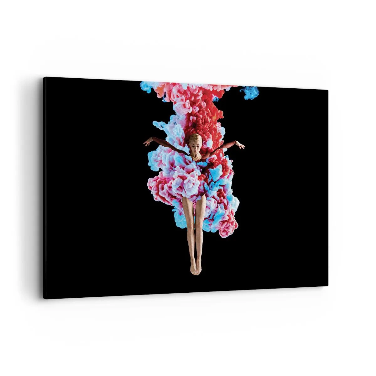 Obraz na płótnie - Tancerka otoczona kolorowym dymem na czarnym tle - 100x70cm - W pełnym rozkwicie - Nowoczesna dekoracja ścienna do salonu, kuchni i sypialni ARTTOR