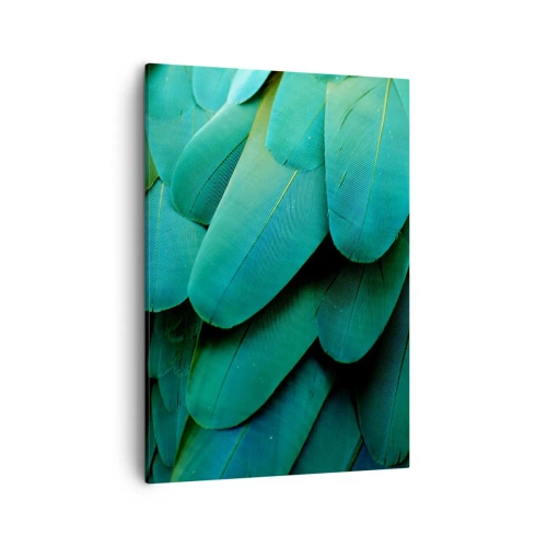 Obraz na płótnie - Zbliżenie na zielone pióra papugi - 50x70cm - Precyzja papuziej natury - Nowoczesna dekoracja ścienna do salonu, kuchni i sypialni ARTTOR