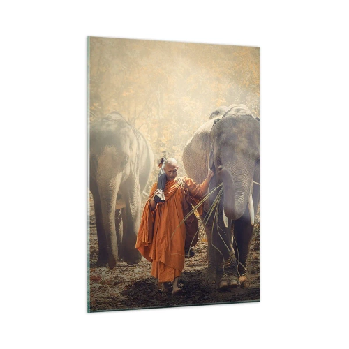 Obraz na szkle - Mnich z dwoma słoniami w leśnej scenerii - 50x70cm - Pełne zrozumienie - Nowoczesna dekoracja ścienna do salonu, kuchni i sypialni ARTTOR
