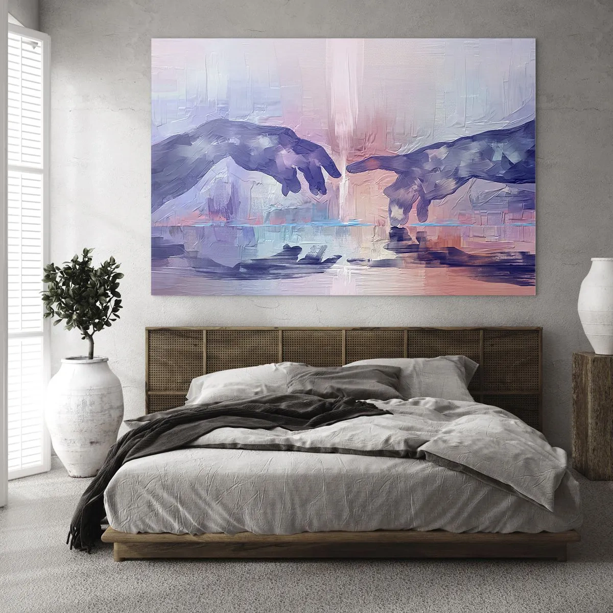 Obraz na szkle - Abstrakcyjne dłonie zbliżające się do siebie na tle pastelowym - 70x50cm - Boska iskra życia - Nowoczesna dekoracja ścienna do salonu i sypialni ARTTOR
