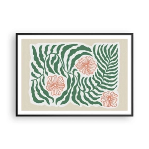 Plakat w czarnej ramie - Minimalistyczny motyw zielonych liści z kwiatami w odcieniach pomarańczowego - 100x70cm - Rozkwitłe w zieleni - Nowoczesna dekoracja ścienna do salonu i sypialni ARTTOR