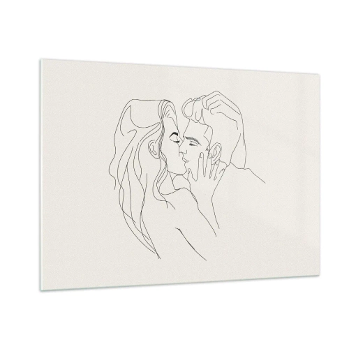Obraz na szkle - Zmysłowy pocałunek pary w konturze linii - 100x70cm - Splątani uczuciem - Nowoczesna dekoracja ścienna do salonu, kuchni i sypialni ARTTOR