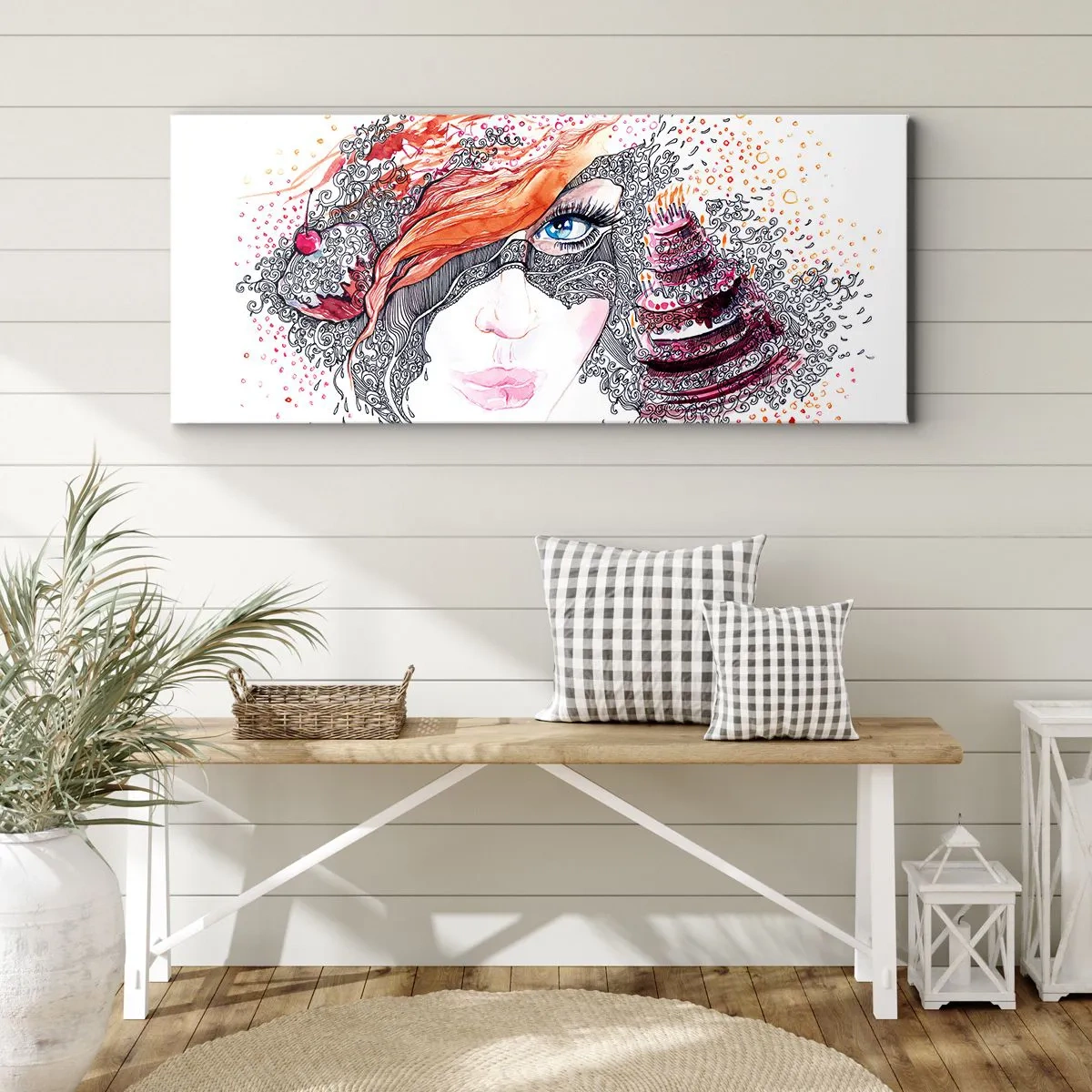 Obraz na płótnie - Artystyczny portret kobiety z detalami i czerwonym akcentem - 120x50cm - Z nią codziennie jest święto - Nowoczesna dekoracja ścienna do salonu i sypialni ARTTOR
