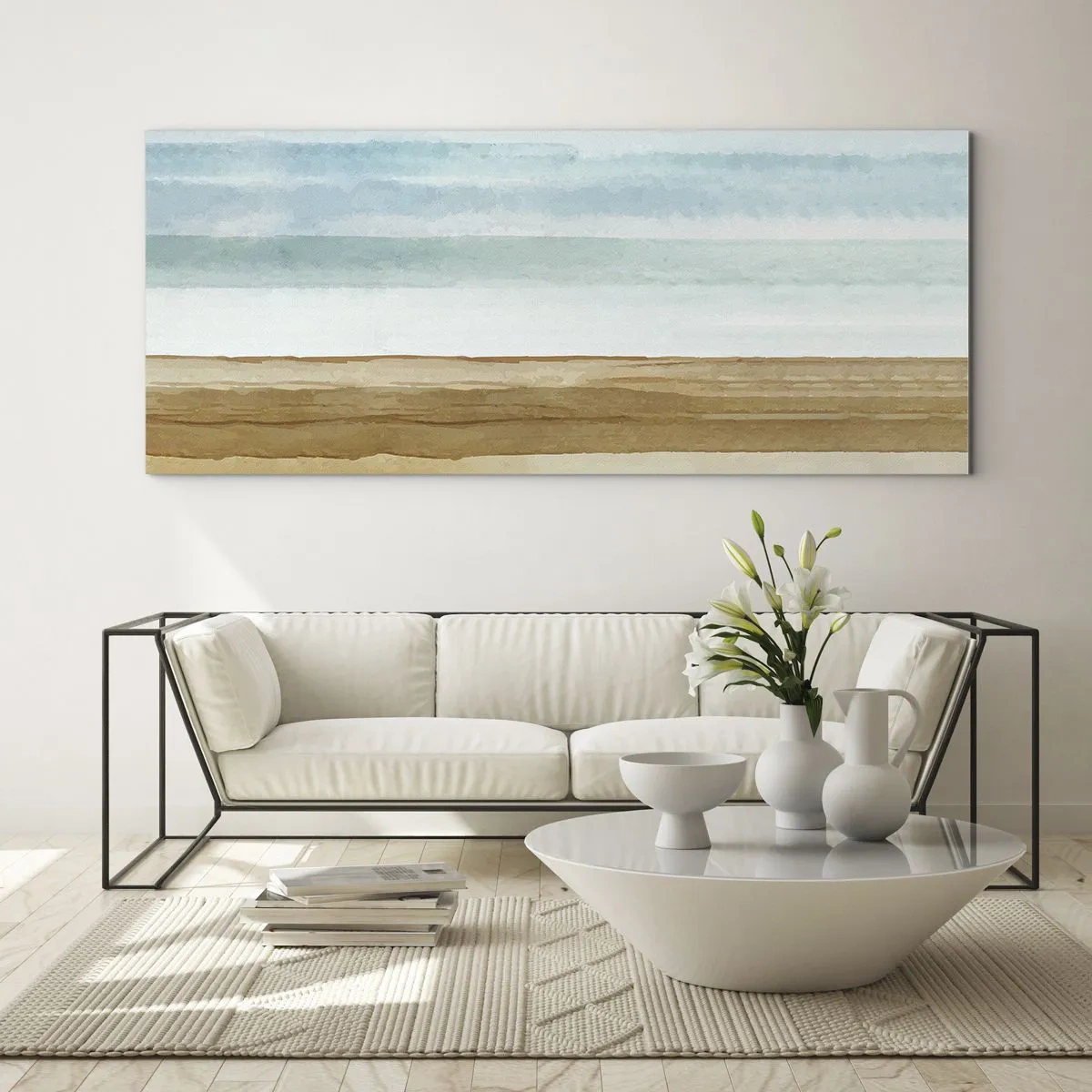 Obraz na szkle - Abstrakcyjny pejzaż plaży w pastelowych odcieniach - 120x50cm - Ukojenie - Nowoczesna dekoracja ścienna do salonu i sypialni ARTTOR