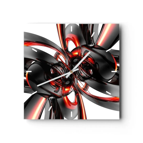 Zegar ścienny - Abstrakcyjna grafika 3D z czarnymi i czerwonymi elementami - 30x30cm - Ruch w graficie i czerwieni - Nowoczesna dekoracja ścienna do salonu i sypialni ARTTOR