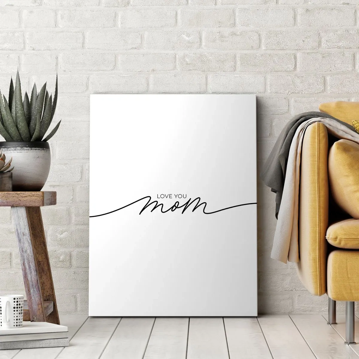 Obraz na płótnie - Minimalistyczny napis Love You Mom na białym tle - 80x120cm - Wielkie wzruszenie - Nowoczesna dekoracja ścienna do salonu i sypialni ARTTOR