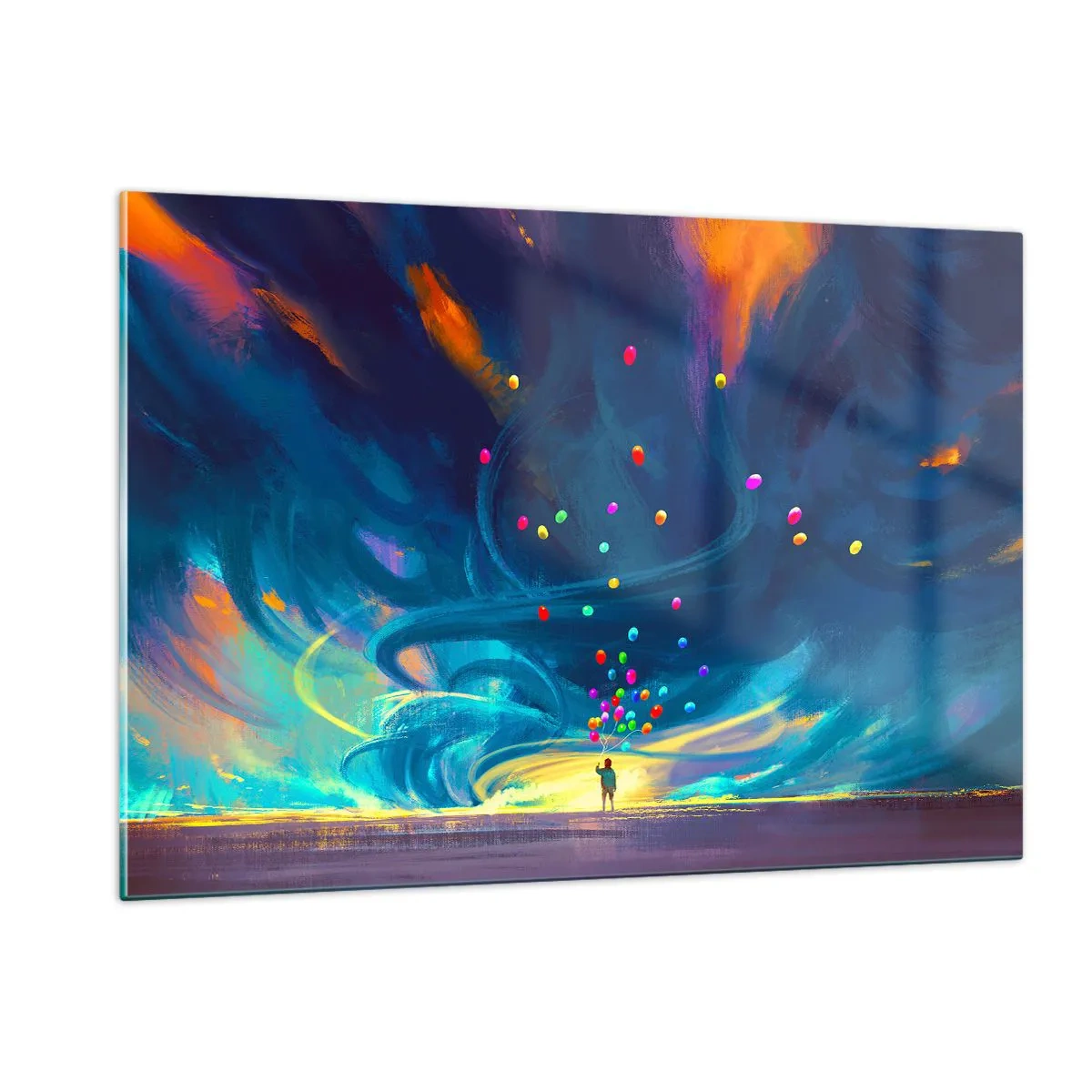 Obraz na szkle - Osoba trzymająca kolorowe balony na tle niebieskiego wiatru - 120x80cm - Na niebieski wiatr - Nowoczesna dekoracja ścienna do salonu, kuchni i sypialni ARTTOR