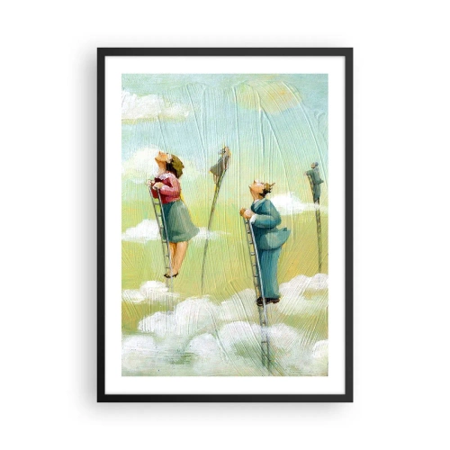 Plakat w czarnej ramie - Postacie wspinające się po drabinach w chmurach - 50x70cm - Za swoim marzeniem - Nowoczesna dekoracja ścienna do salonu i sypialni ARTTOR
