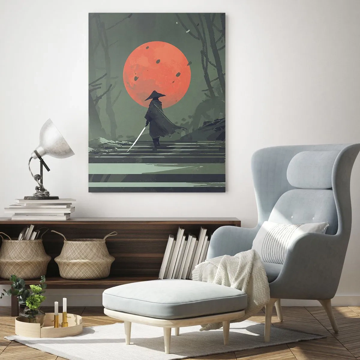 Obraz na szkle - Samotny wojownik z mieczem w lesie na tle czerwonego księżyca - 50x70cm - Wojownik czerwonego księzyca - Nowoczesna dekoracja ścienna do salonu, kuchni i sypialni ARTTOR