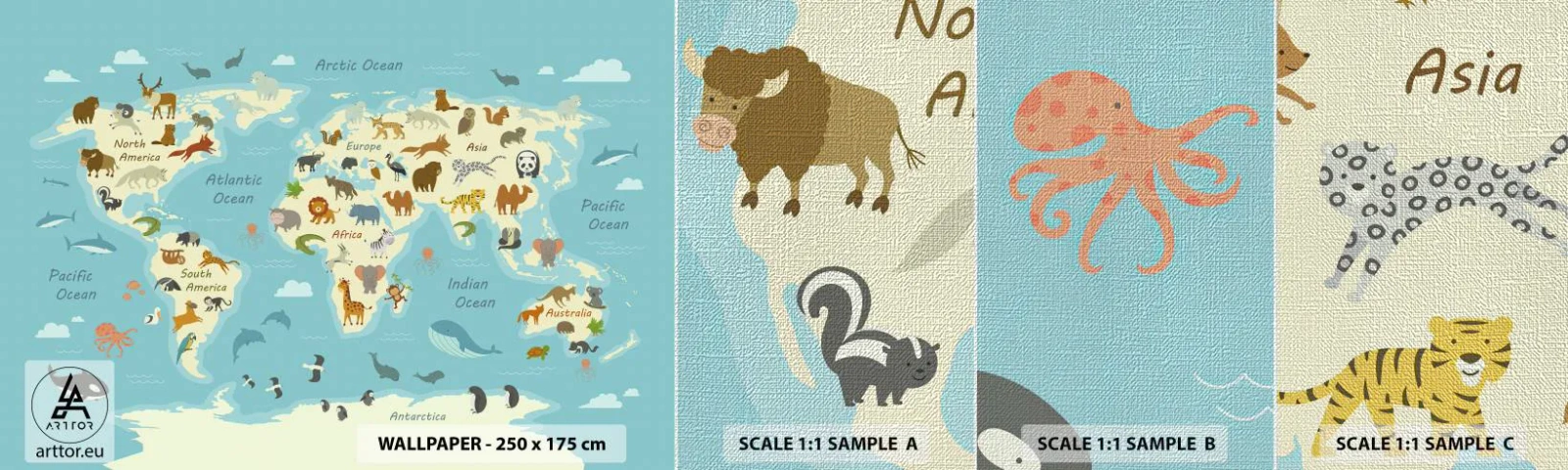 Fototapeta Próbka Premium Canvas - Dobrzy sąsiedzi - Mapa Świata, Mapa Ze Zwierzętami, Zwierzęta - 100x30 cm