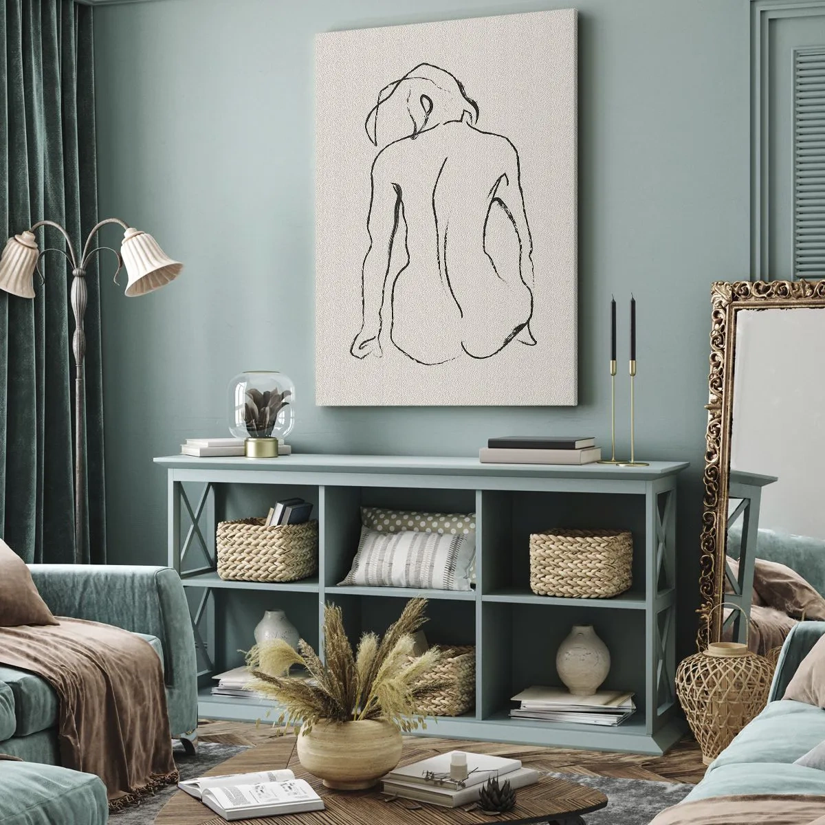 Obraz na płótnie - Subtelny szkic dziewczęcej sylwetki z widokiem z tyłu - 70x100cm - Akt dziewczęcy - Nowoczesna dekoracja ścienna do salonu i sypialni ARTTOR