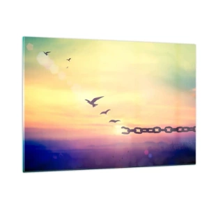 Obraz na szkle - Ptaki w locie na tle łańcucha i zachodu słońca - 120x80cm - Zwycięstwo wolności - Nowoczesna dekoracja ścienna do salonu, kuchni i sypialni ARTTOR