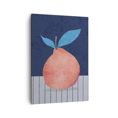 Obraz na płótnie - Minimalistyczna ilustracja brzoskwini na geometrycznym tle - 50x70cm - Wypukłość i płaszczyzna - Nowoczesna dekoracja ścienna do salonu, kuchni i sypialni ARTTOR