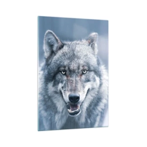 Obraz na szkle - Wilk z intensywnym spojrzeniem w zimowym krajobrazie - 70x100cm - Podejmiesz wyzwanie? - Nowoczesna dekoracja ścienna do salonu i sypialni ARTTOR