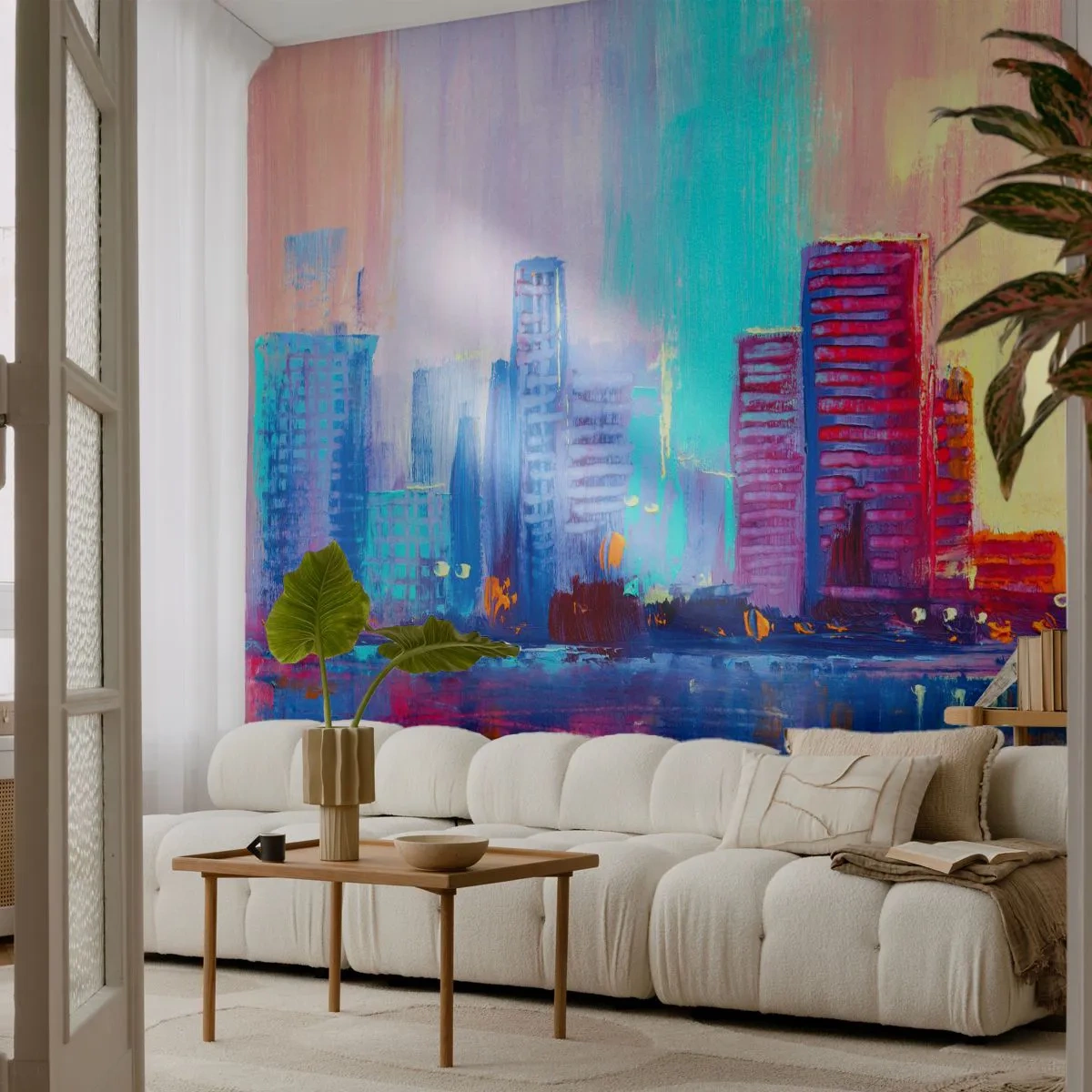 Fototapeta Premium Sand - Kolorowa abstrakcyjna panorama miasta odbita w wodzie - 100x70cm - Skąpane w barwach - Nowoczesna dekoracja ścienna do salonu, kuchni i sypialni ARTTOR