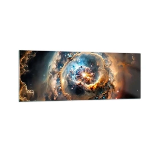 Obraz na szkle - Abstrakcyjna wizja kosmicznej eksplozji w odcieniach złota i błękitu - 140x50cm - Początek - Nowoczesna dekoracja ścienna do salonu i sypialni ARTTOR