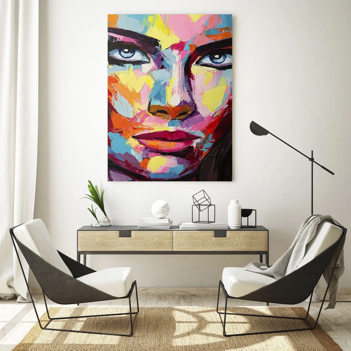 Obraz na szkle - Kolorowy portret kobiety w stylu abstrakcyjnym - 50x70cm - Dusza też kolorowa - Nowoczesna dekoracja ścienna do salonu, kuchni i sypialni ARTTOR