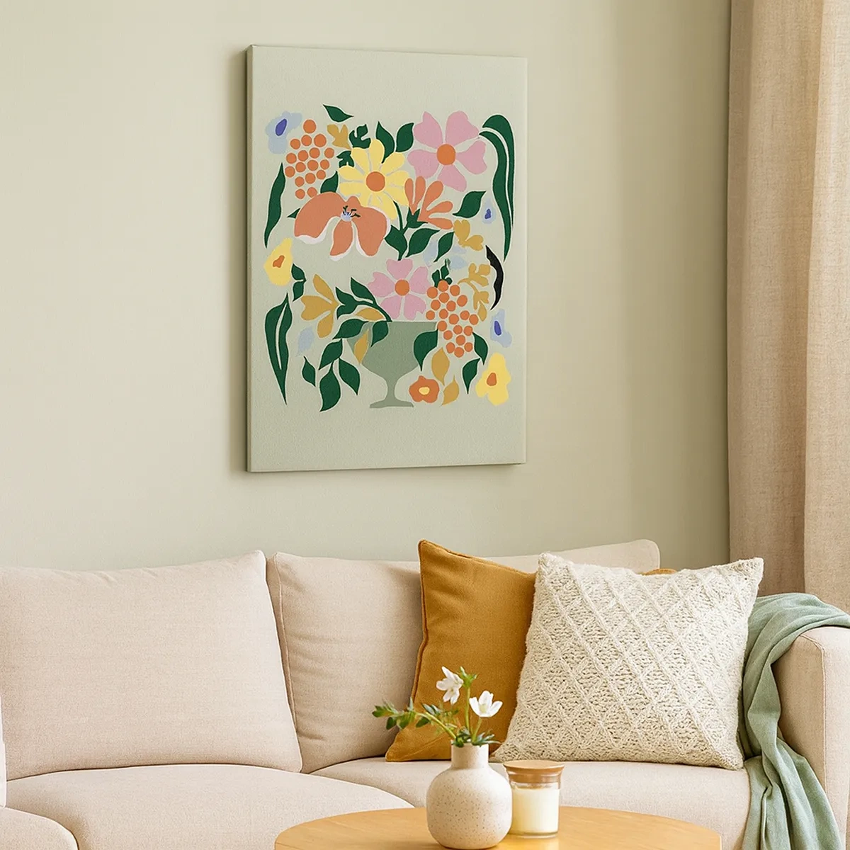 Obraz na płótnie - Kolorowa kompozycja kwiatowa w wazonie na zielonym tle - 50x70cm - Bukiet kipiący życiem - Nowoczesna dekoracja ścienna do salonu, kuchni i sypialni ARTTOR