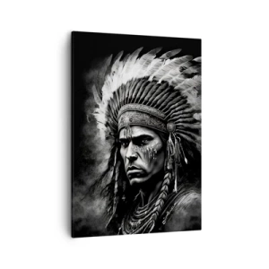 Obraz na płótnie - Czarno-biały portret wodza Indian w bogato zdobionym pióropuszu - 50x70cm - Wódz i wojownik - Nowoczesna dekoracja ścienna do salonu, kuchni i sypialni ARTTOR