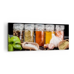 Obraz na płótnie - Zioła i przyprawy w szklanych słoikach na ciemnym tle - 120x50cm - Żeby życie miało smak - Nowoczesna dekoracja ścienna do salonu i sypialni ARTTOR