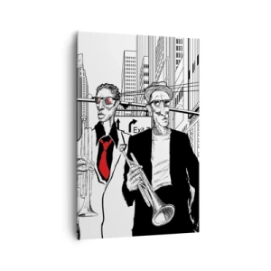 Obraz na płótnie - Ilustracja muzyków jazzowych na tle miejskiej scenerii - 80x120cm - Miejska rapsodia w czerni i czerwieni - Nowoczesna dekoracja ścienna do salonu i sypialni ARTTOR