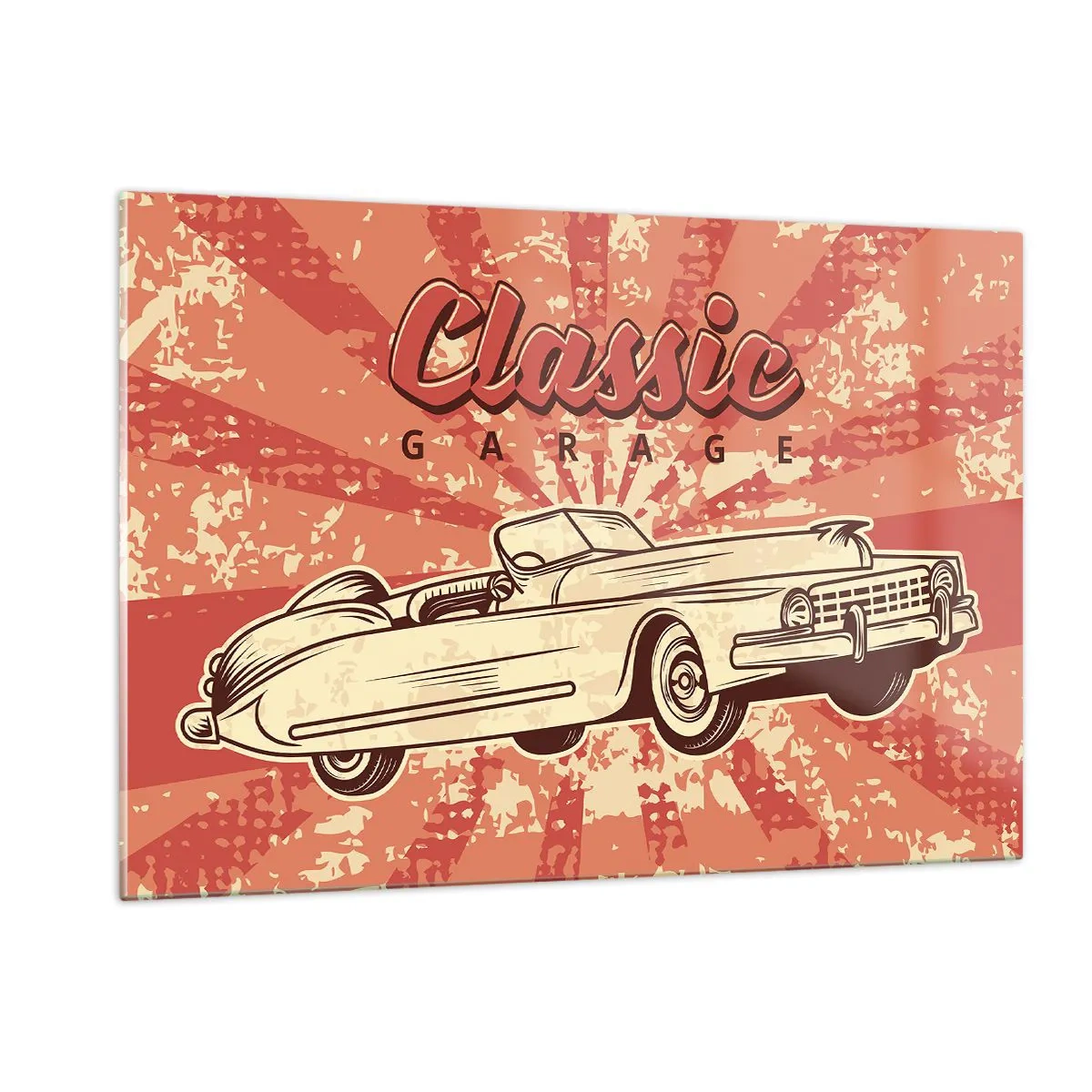 Obraz na szkle - Grafika retro przedstawiająca klasyczny samochód na tle promieni - 120x80cm - A w radiu Elvis - Nowoczesna dekoracja ścienna do salonu, kuchni i sypialni ARTTOR