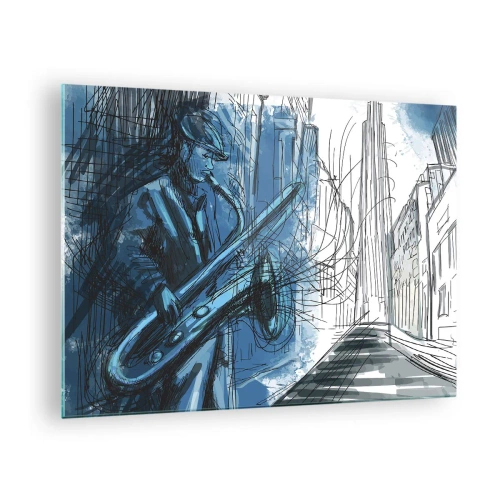 Obraz na szkle - Jazzowy saksofonista w miejskiej scenerii w odcieniach niebieskiego - 70x50cm - Miejska rapsodia - Nowoczesna dekoracja ścienna do salonu i sypialni ARTTOR