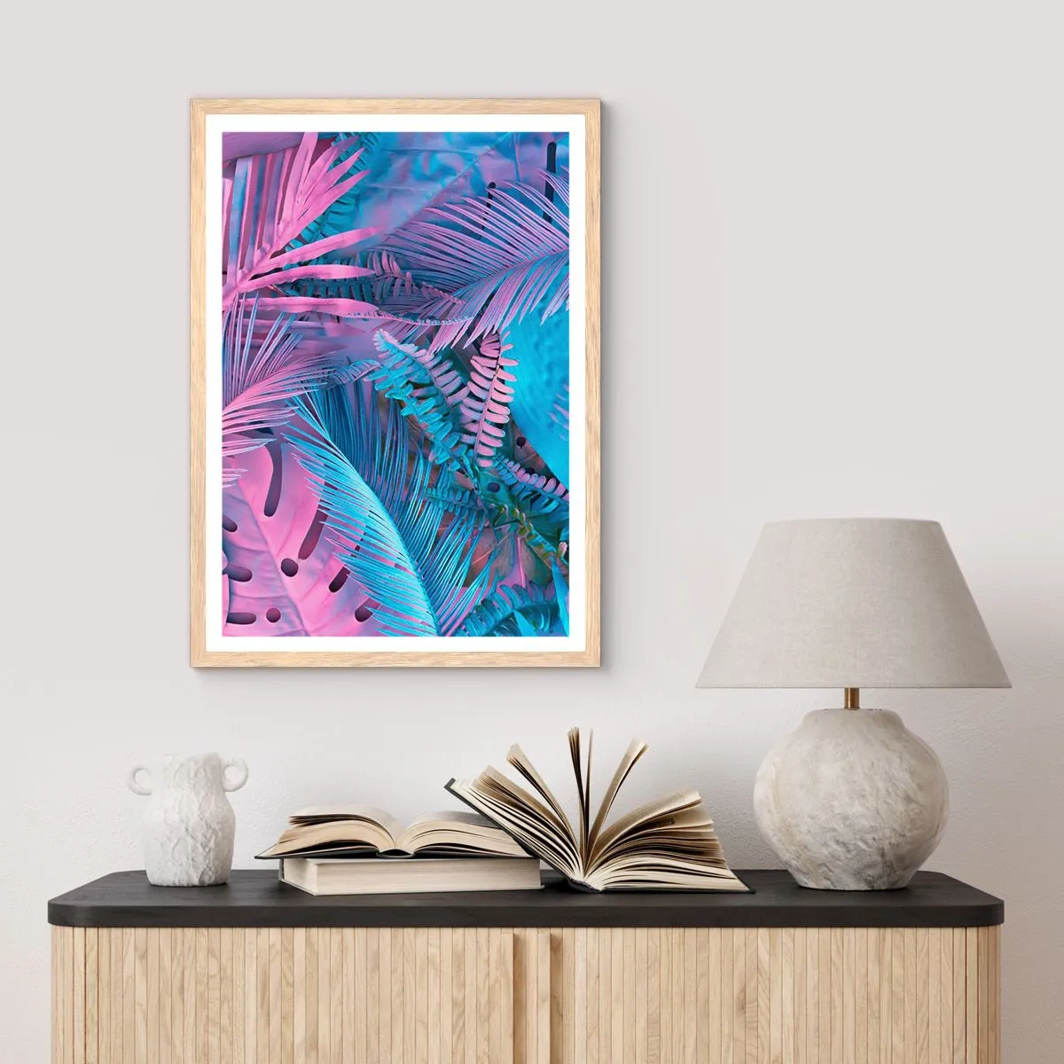 Plakat w ramie jasny dąb - Tropiki w różu i błękicie - 40x50 cm